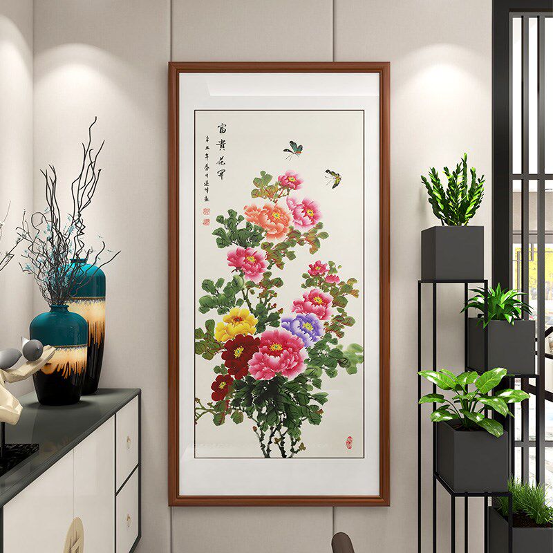 手绘真迹花开富贵牡丹花入户进门玄关装饰画走廊竖版中式国画挂画