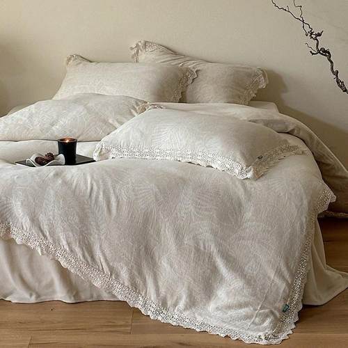 冬季新款保暖绒加棉麻床单四件套色织提花复古风被套床单床品本色