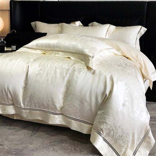 匹马棉四件套轻奢锦缎提花被套柔软全棉镂空花边床品