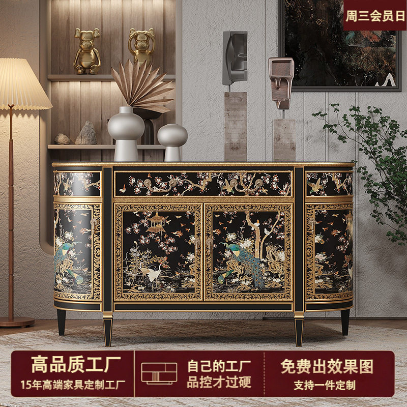 法式中国风彩绘玄关柜入户门厅装饰抽屉柜家用别墅手绘实木餐边柜