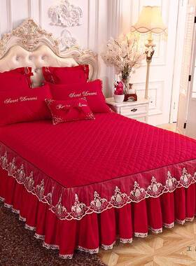 婚庆大红色夹棉裙F96JSH5M丝式罩单件公主风床蕾刺绣床花边加厚保