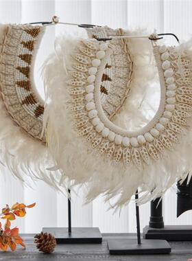 现简约手工贝壳羽毛白色圆摆件样装板间客代厅玄形关桌面艺TIO术