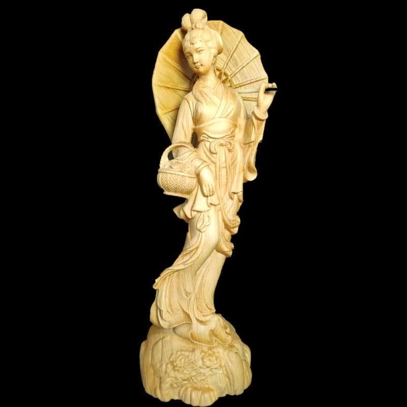 黄杨木雕仕女踏青大摆件实木雕刻古典美女工艺品中式客厅桌面饰品