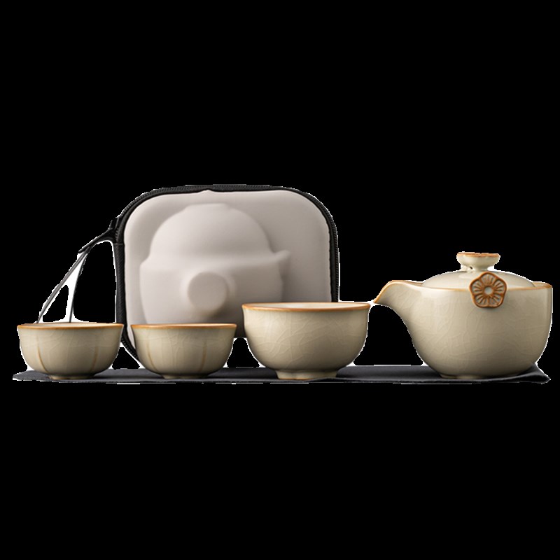 米黄汝瓷快客杯一壶三杯便携式旅行功夫茶具小装个人家用泡茶壶