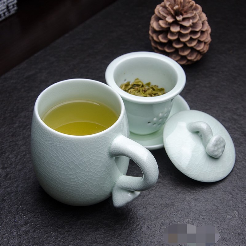 开片汝窑办公杯带盖过滤陶瓷内胆 茶水分离杯个人泡茶杯套装