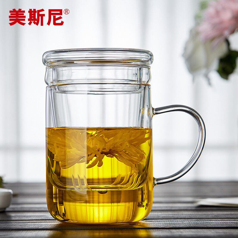 美斯尼玻璃杯加厚耐高温带盖过滤茶杯透明家用男士玻璃水杯礼品杯