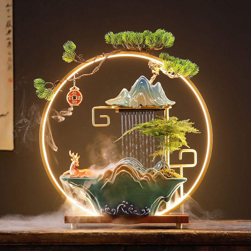 招财流水摆件循环水创意家居灯圈倒流香客厅桌面办公室开业礼品 - 海湖咖啡屋出品