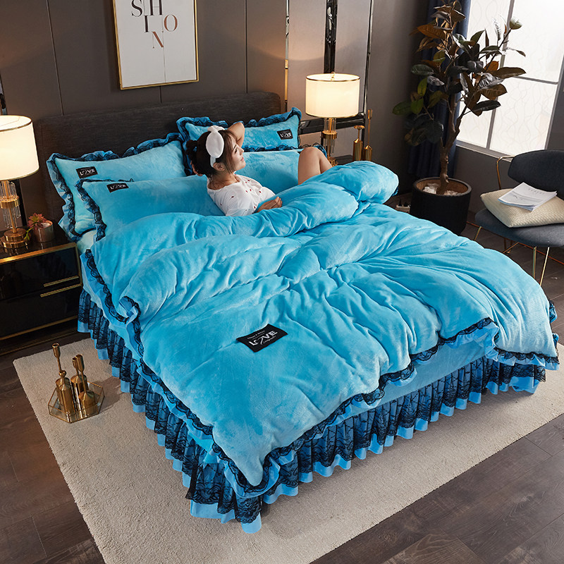 韩版纯色法兰绒四件冬季加绒保暖加厚被面法莱绒人床用品