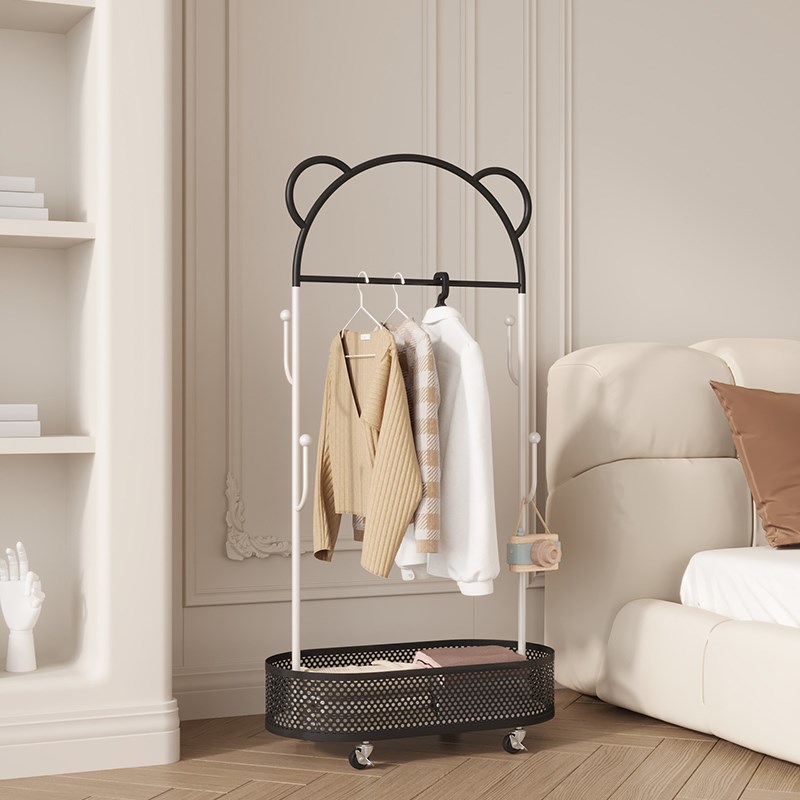 奶油风室内创意迷你儿童挂衣架落地卧室可移动带轮小型床边衣帽架