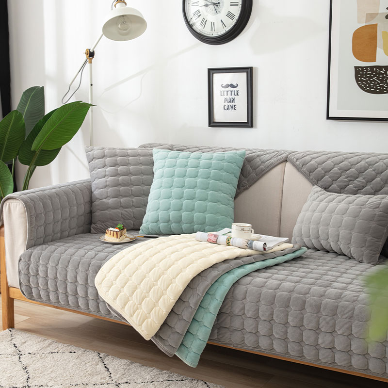 毛绒沙发垫灰色防滑水晶绒三人坐垫简约现代扶手靠背巾抱枕