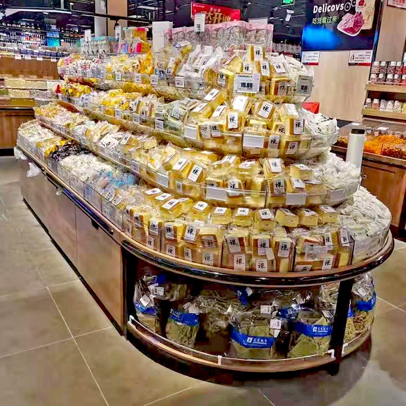 超市散称零食货架圆形休闲食品钢木结合多层展示柜饼干糖果中岛柜