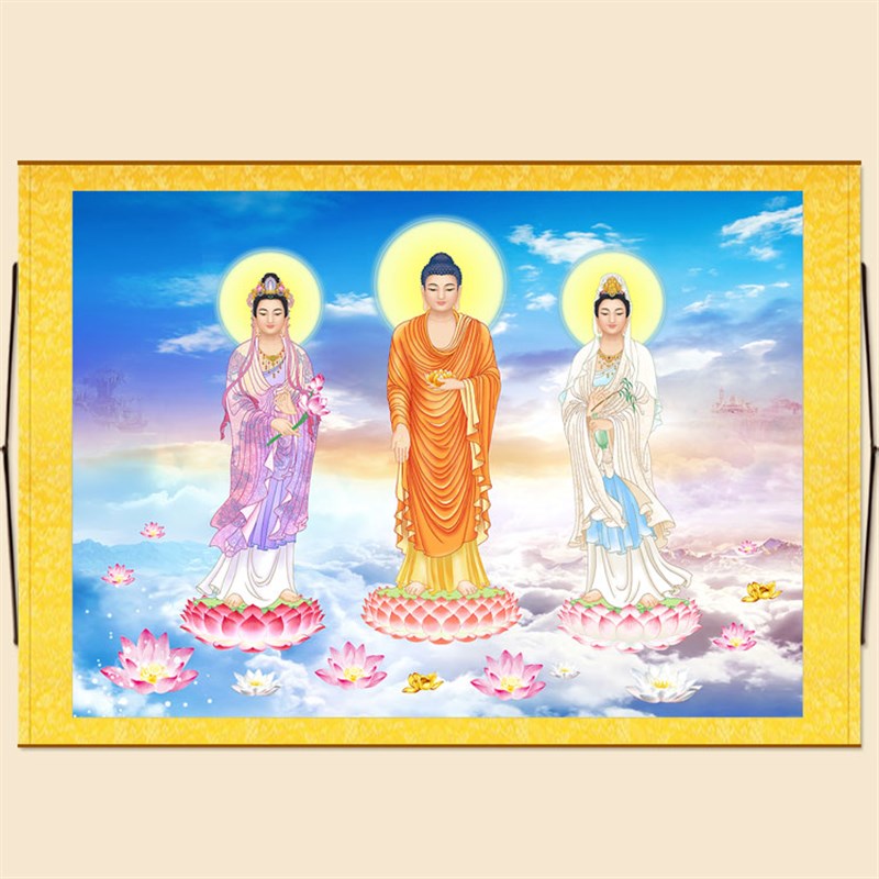高清西方三圣接引佛图 绢布横幅挂画 阿弥陀佛大势至观音菩萨画像