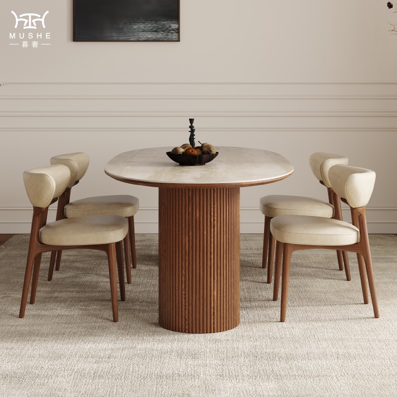 暮奢法式复古洞石岩板餐桌客厅家用中古风设计师大平层椭圆饭桌