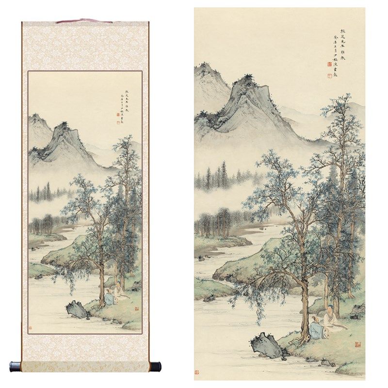 陈少梅高士图青绿山水画高清微喷复制卷轴画装饰画客厅办公室挂画