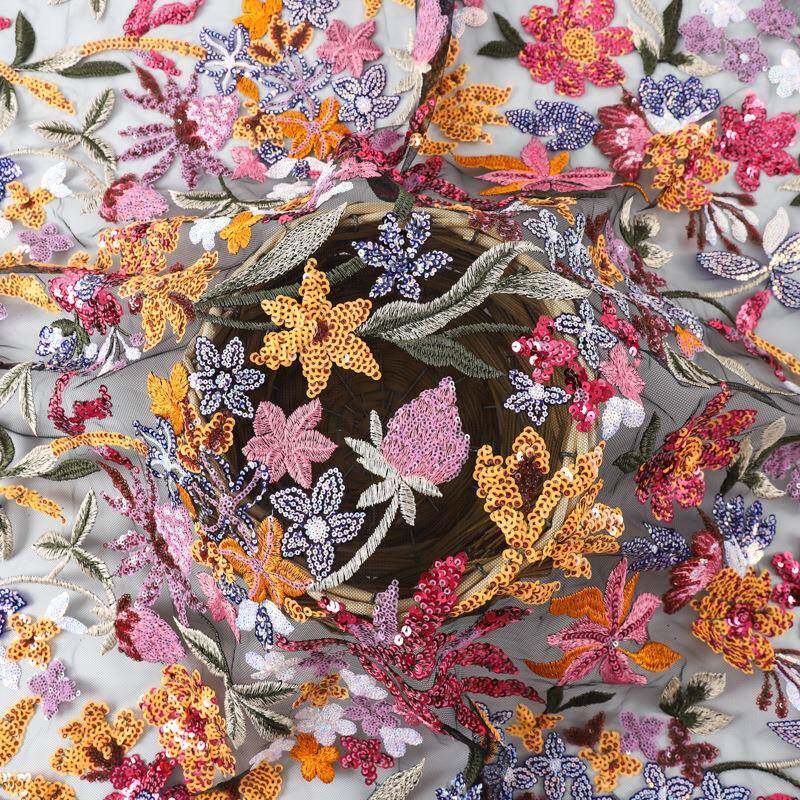 满幅彩色珠ECC片绣花面走料植饰物时装秀服装布立亮片刺绣布体料