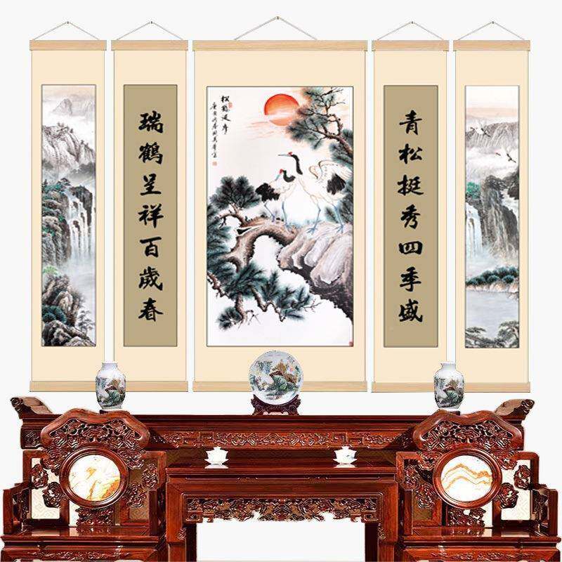 中堂画农挂画卷画客厅画挂堂轴屋山水画新中式DXS装饰村画五联字