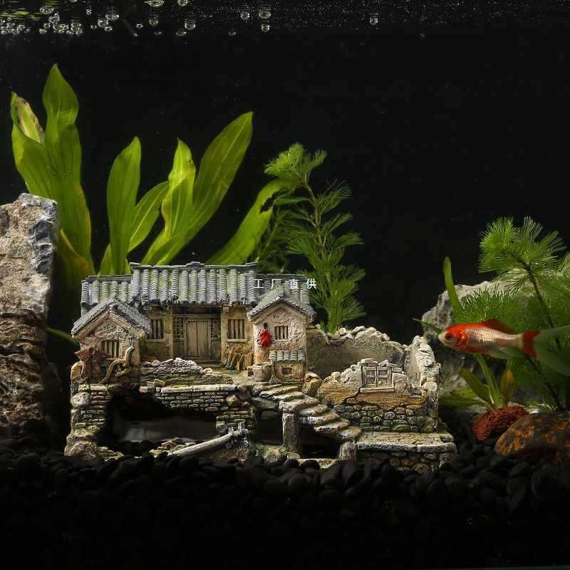 水族箱F87T8M6S假型山鱼缸微造景装饰虾品鱼躲避屋建筑模老房子景