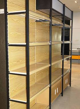 6E3X便利店单面铁质转印木纹色钢木超市货架展示架展架储物架酒柜