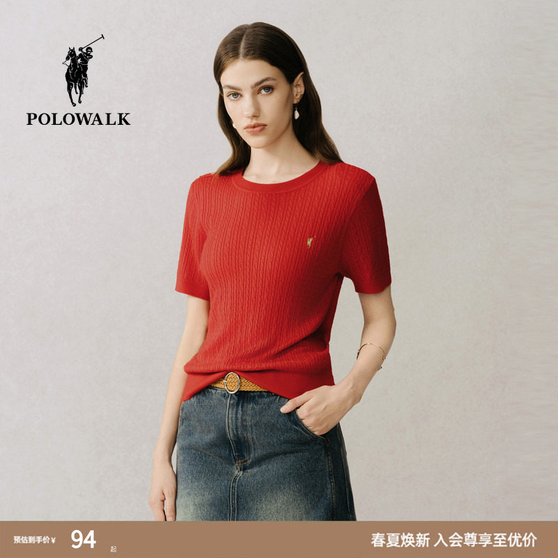 POLOWALK针织衫女士春夏新红色潮流圆领套头内搭时尚短袖修身T恤