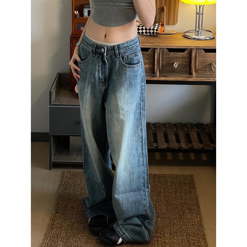 大码美式复古宽松阔腿堆积垂感牛仔裤女秋冬新款显高显瘦直筒长裤