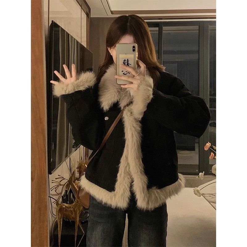 复古羊羔毛复合外套女秋冬季加厚2025新款高级感拼接毛毛棉服爆款