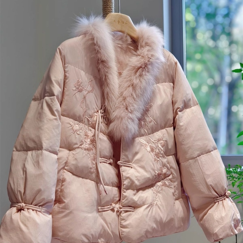 复古中国风粉色盘扣棉服气质刺绣新中式轻薄毛领保暖棉衣外套女款