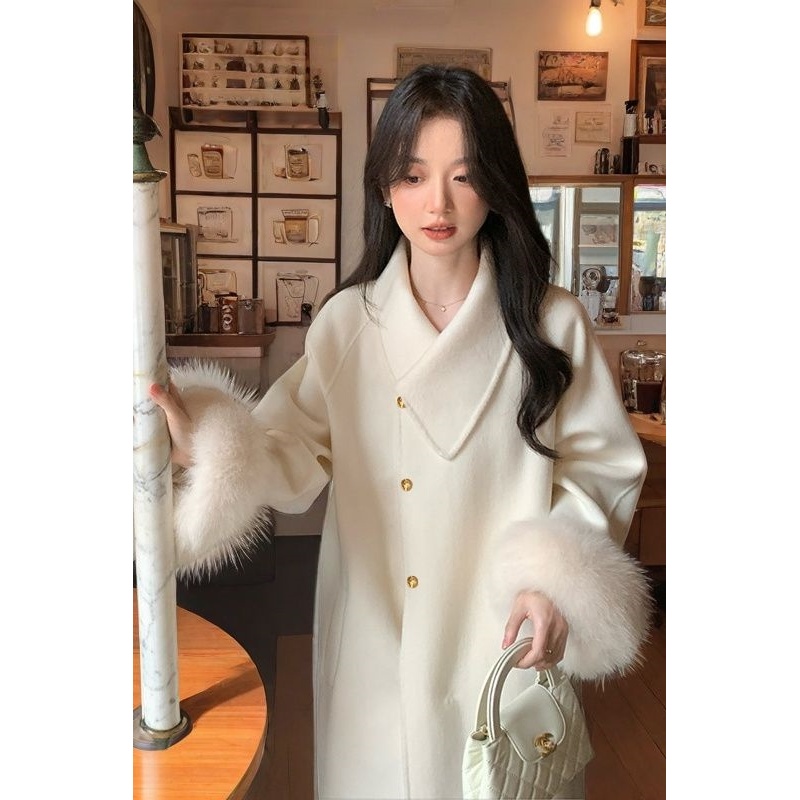 高级感双面绒可拆卸毛毛袖中长款大衣2025爆款秋冬季韩系时尚外套