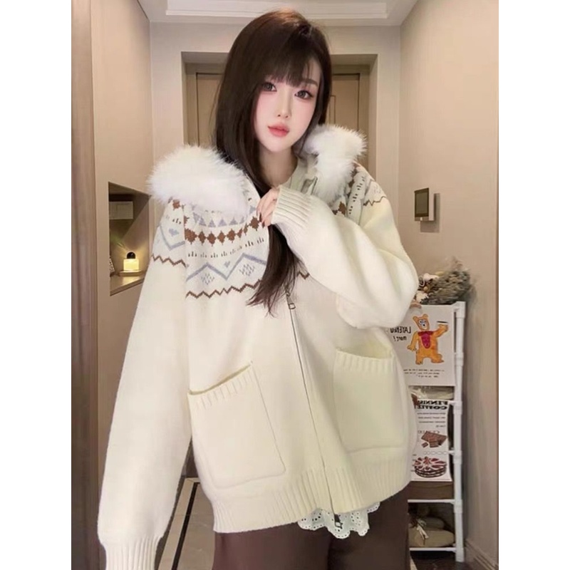 软糯复古印花费尔岛连帽毛衣外套女秋冬宽松慵懒亲搭针织开衫上衣