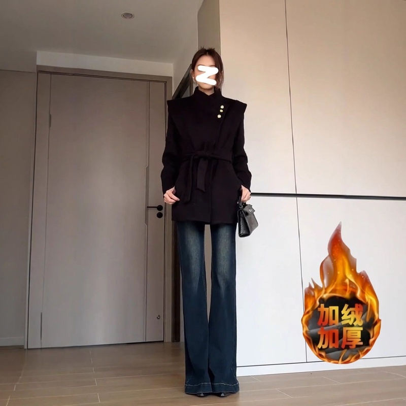 深蓝色牛仔裤2025新款秋冬加绒低腰弹力显瘦马蹄喇叭裤修身微喇裤