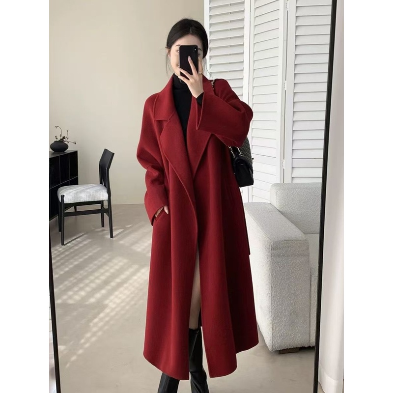 双面毛呢小个子大衣2025年秋冬季红色敬酒礼服时尚韩系毛呢外套女