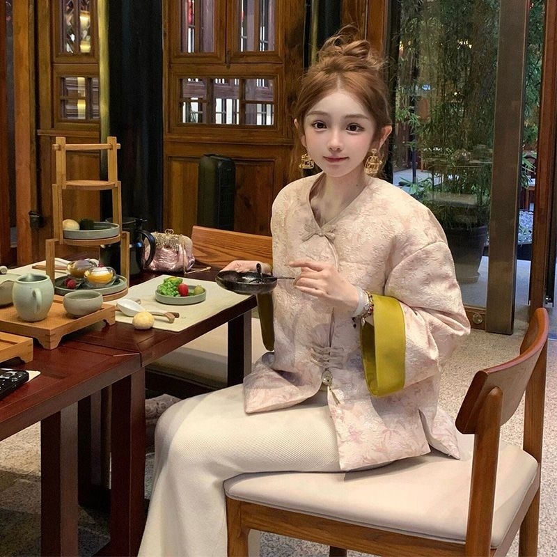 新中式粉色扎染提花盘扣夹棉外套女冬季新款国风别致气质百搭上衣