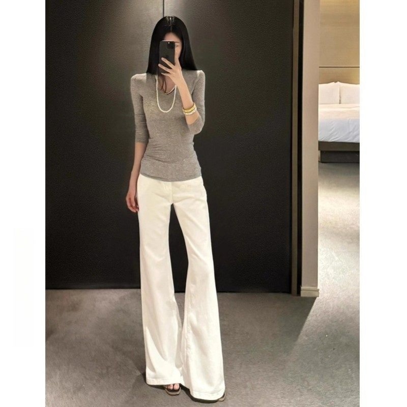 白色低腰宽松不贴腿微喇牛仔裤女2025夏天垂感气质马蹄通勤款裤子