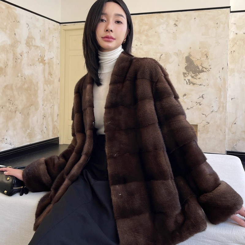 海宁2024新款FAGN貂皮大衣女整貂全新横排立领水貂皮草外套中长款