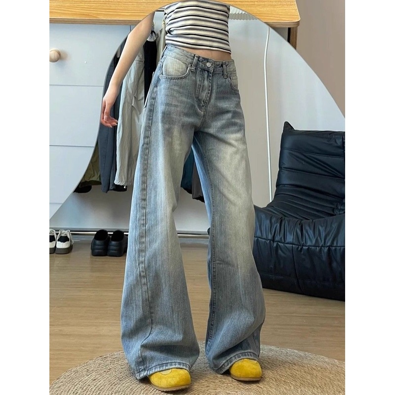 大码美式弯刀竹节纹阔腿牛仔裤女秋季新款浅色高腰显瘦直筒拖地裤
