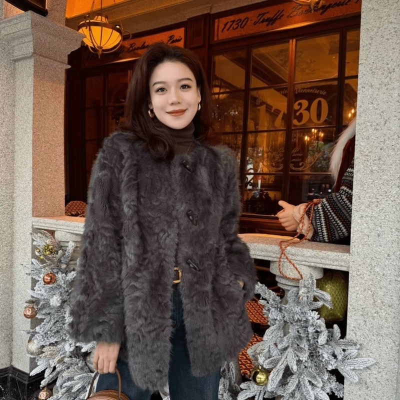 妈妈装2025新款仿水貂皮草外套女中长款加厚秋冬季圆领毛毛大衣女