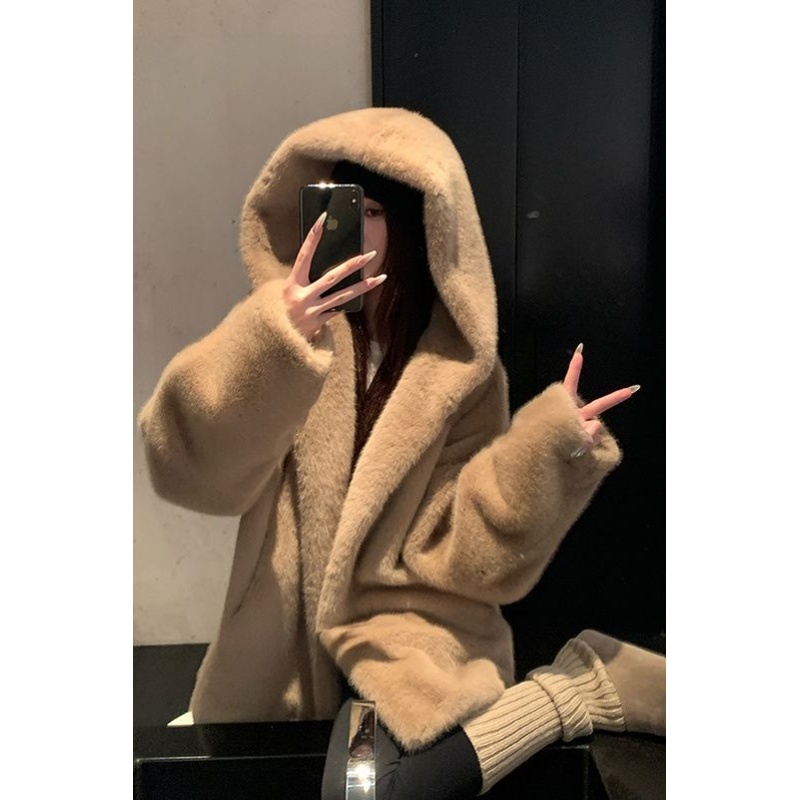 环保水貂绒2025新款冬季连帽中长款大衣加厚仿皮草宽松毛毛外套女