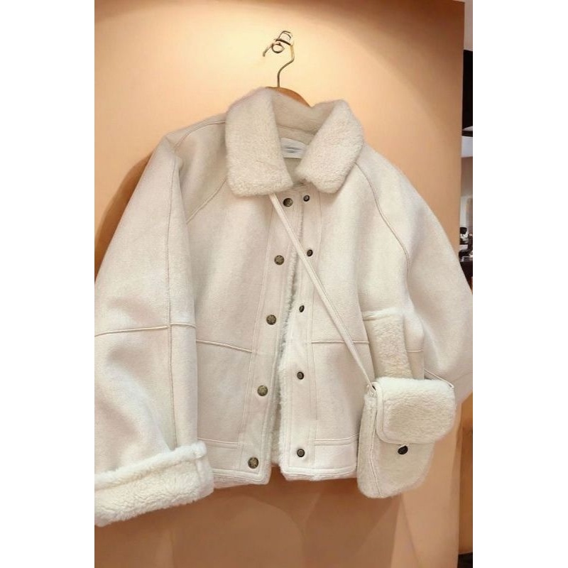 减龄宽松小个子一体夹克上衣米白色仿羊羔毛外套女春方领短款韩系