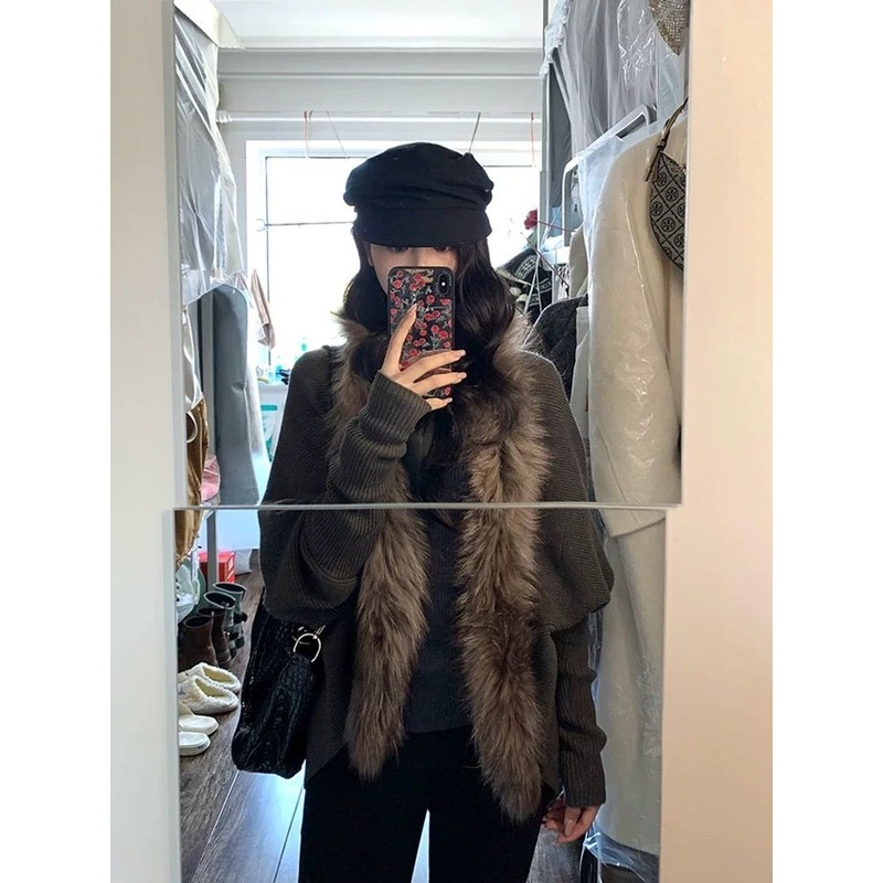 美式复古毛毛拼接长袖针织开衫外套女秋冬季新款宽松显瘦毛衣上衣