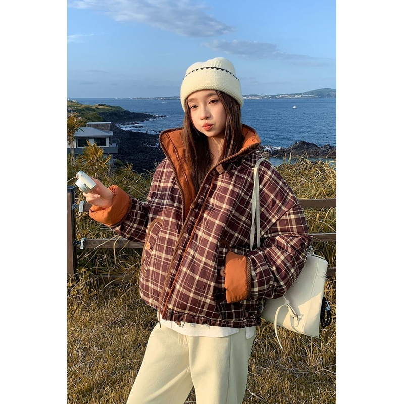 双面穿格纹2025年新款棉服女冬季加厚立领小众羽绒棉衣棉袄外套潮