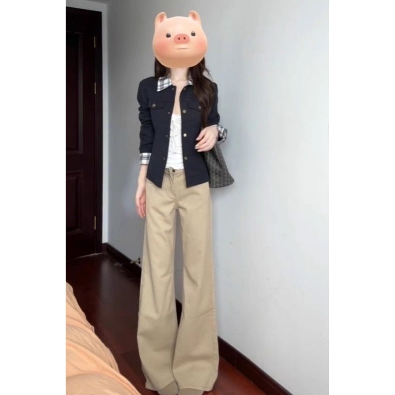 卡其色低腰直筒牛仔裤女秋季不贴腿宽松显瘦微喇叭裤辣妹垂感长裤