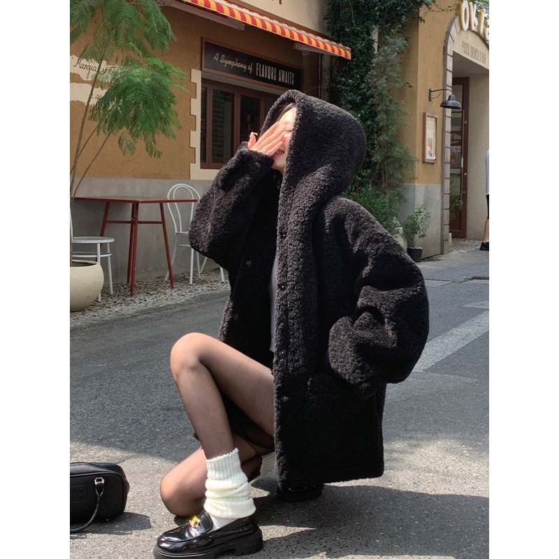 棉袄女款2025新款泰迪绒2.0斗篷连帽中长款大衣女秋冬款毛绒外套