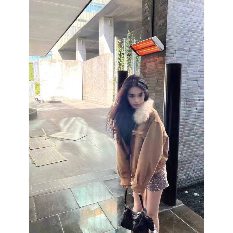 2025秋冬新款美拉德复古棕色环保毛领麂皮绒外套女保暖小个子上衣