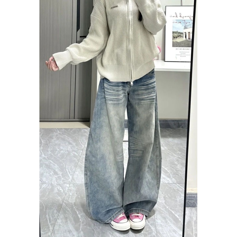 高个子加长美式复古水洗做旧猫须牛仔裤女宽松显瘦阔腿垂感弯刀裤