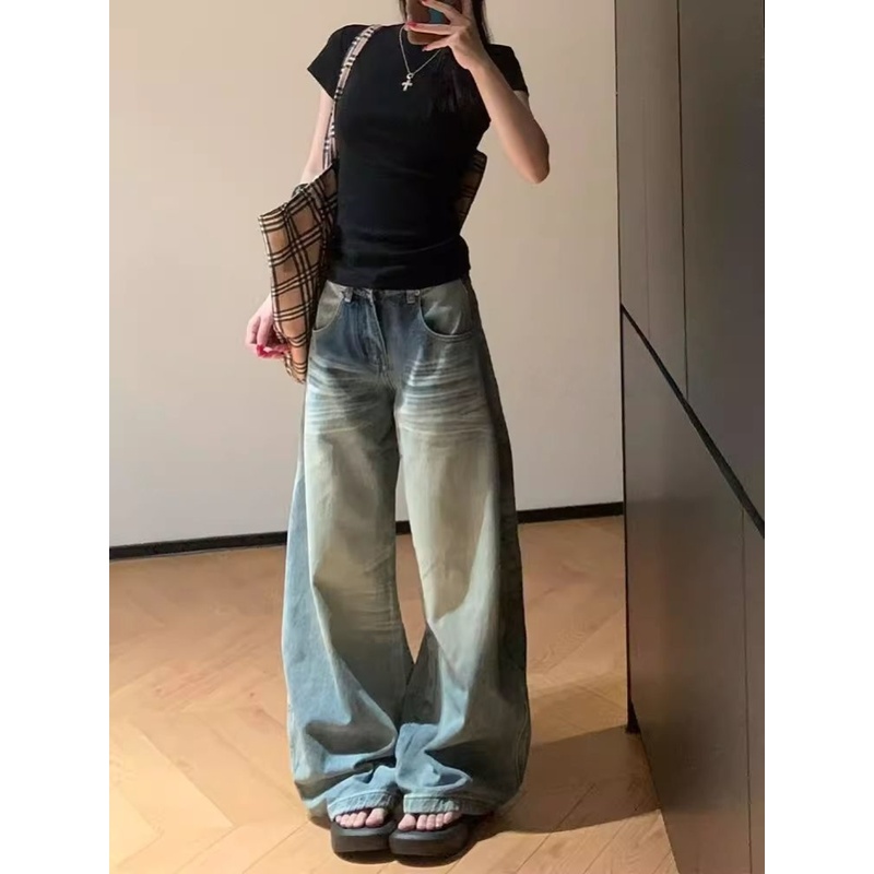 高个子加长浅蓝色猫须弯刀牛仔裤女低腰宽松直筒显瘦阔腿拖地裤子