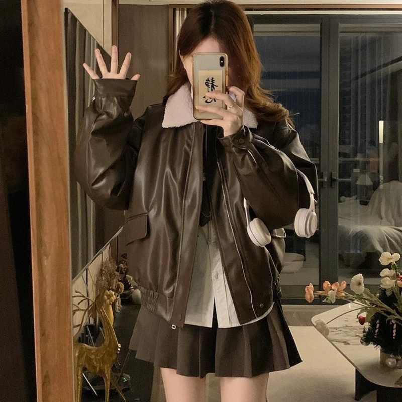 美拉德棕色机车PU皮衣加绒加厚外套女冬2025年春美式复古宽松棉衣