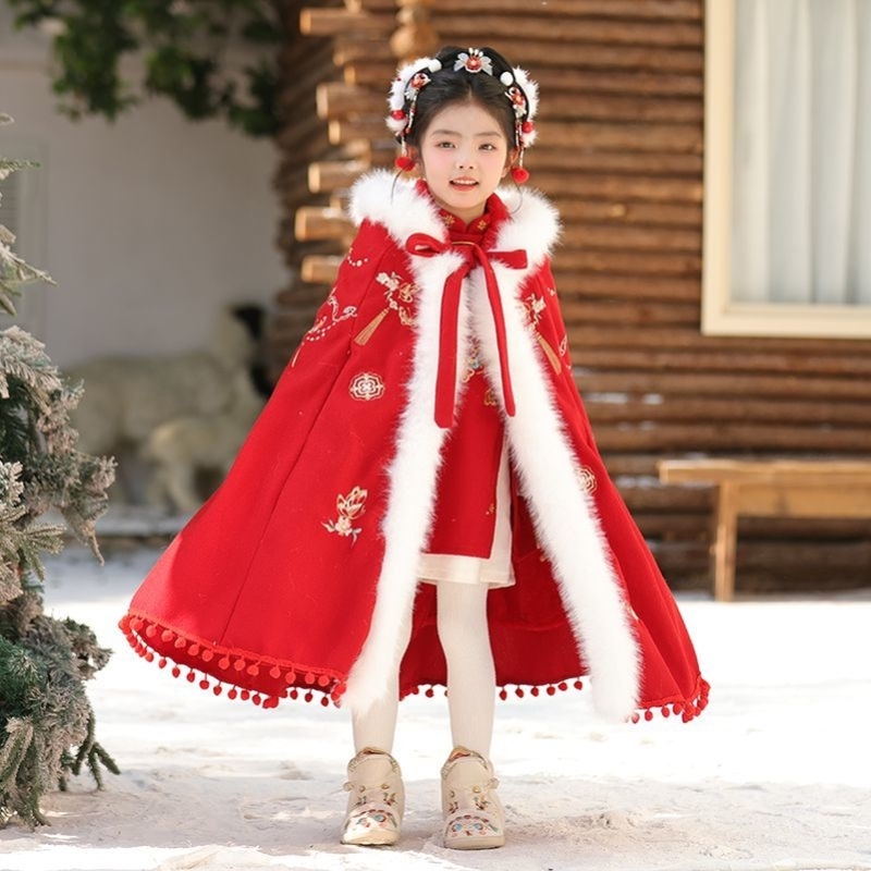 新款女童披风斗篷汉服宝宝加绒加厚外出儿童中国风超仙古装冬季