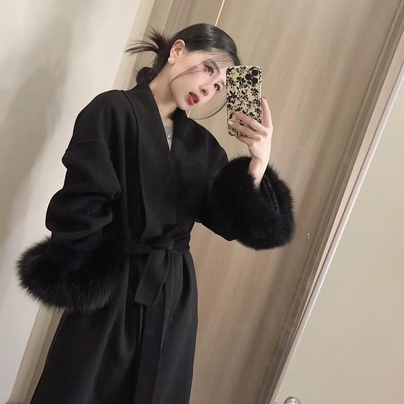 黑色中长款双面毛呢大衣2025秋冬防狐狸毛可拆卸韩系赫本风呢外套