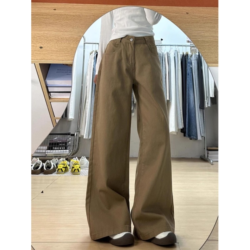 美式高街卡其拿铁棕宽松阔腿微喇牛仔裤2025垂感低腰显瘦通勤长裤