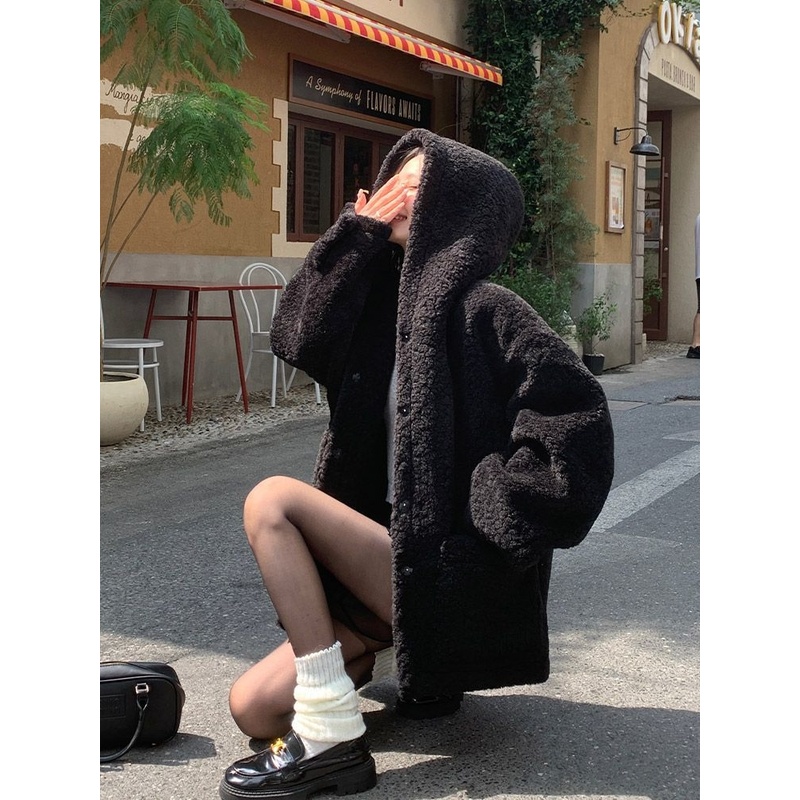 棉袄女款2025新款泰迪绒2.0斗篷连帽中长款大衣女秋冬款毛绒外套