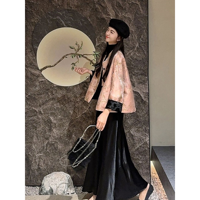 新中式黑粉撞色提花盘扣外套女2025秋新款气质甜美休闲国风上衣